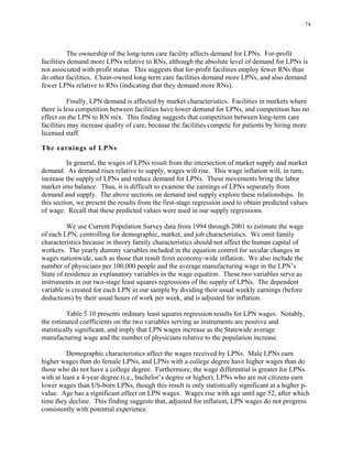 74
The ownership of the long-term care facility affects demand for LPNs. For-profit
facilities demand more LPNs relative to RNs, although the absolute level of demand for LPNs is
not associated with profit status. This suggests that for-profit facilities employ fewer RNs than
do other facilities. Chain-owned long-term care facilities demand more LPNs, and also demand
fewer LPNs relative to RNs (indicating that they demand more RNs).
Finally, LPN demand is affected by market characteristics. Facilities in markets where
there is less competition between facilities have lower demand for LPNs, and competition has no
effect on the LPN to RN mix. This finding suggests that competition between long-term care
facilities may increase quality of care, because the facilities compete for patients by hiring more
licensed staff.
The earnings of LPNs
In general, the wages of LPNs result from the intersection of market supply and market
demand. As demand rises relative to supply, wages will rise. This wage inflation will, in turn,
increase the supply of LPNs and reduce demand for LPNs. These movements bring the labor
market into balance. Thus, it is difficult to examine the earnings of LPNs separately from
demand and supply. The above sections on demand and supply explore these relationships. In
this section, we present the results from the first-stage regression used to obtain predicted values
of wage. Recall that these predicted values were used in our supply regressions.
We use Current Population Survey data from 1994 through 2001 to estimate the wage
of each LPN, controlling for demographic, market, and job characteristics. We omit family
characteristics because in theory family characteristics should not affect the human capital of
workers. The yearly dummy variables included in the equation control for secular changes in
wages nationwide, such as those that result from economy-wide inflation. We also include the
number of physicians per 100,000 people and the average manufacturing wage in the LPN’s
State of residence as explanatory variables in the wage equation. These two variables serve as
instruments in our two-stage least squares regressions of the supply of LPNs. The dependent
variable is created for each LPN in our sample by dividing their usual weekly earnings (before
deductions) by their usual hours of work per week, and is adjusted for inflation.
Table 5.10 presents ordinary least squares regression results for LPN wages. Notably,
the estimated coefficients on the two variables serving as instruments are positive and
statistically significant, and imply that LPN wages increase as the Statewide average
manufacturing wage and the number of physicians relative to the population increase.
Demographic characteristics affect the wages received by LPNs. Male LPNs earn
higher wages than do female LPNs, and LPNs with a college degree have higher wages than do
those who do not have a college degree. Furthermore, the wage differential is greater for LPNs
with at least a 4-year degree (i.e., bachelor’s degree or higher). LPNs who are not citizens earn
lower wages than US-born LPNs, though this result is only statistically significant at a higher p-
value. Age has a significant effect on LPN wages. Wages rise with age until age 52, after which
time they decline. This finding suggests that, adjusted for inflation, LPN wages do not progress
consistently with potential experience.
 