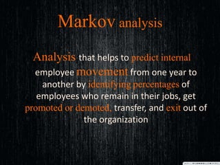 Markov analysis
Analysis that helps to predict internal
employee movement from one year to
another by identifying percentages of
employees who remain in their jobs, get
promoted or demoted, transfer, and exit out of
the organization
 