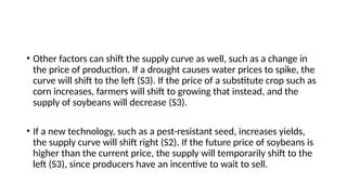 • Other factors can shift the supply curve as well, such as a change in
the price of production. If a drought causes water prices to spike, the
curve will shift to the left (S3). If the price of a substitute crop such as
corn increases, farmers will shift to growing that instead, and the
supply of soybeans will decrease (S3).
• If a new technology, such as a pest-resistant seed, increases yields,
the supply curve will shift right (S2). If the future price of soybeans is
higher than the current price, the supply will temporarily shift to the
left (S3), since producers have an incentive to wait to sell.
 