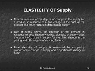 ELASTICITY OF Supply
 It is the measure of the degree of change in the supply for
a product, in response to a give change in the price of the
product and other factors in determining supply.
 Law of supply shows the direction of the demand in
response to price change whereas, elasticity of supply gives
the extent of change in supply for the given change in the
pricing and othr supply influencing factors.
 Price elasticity of supply is measured by comparing
proportionate change in supply and Proportionate change in
price.
Dr Raju Indukoori 12
 