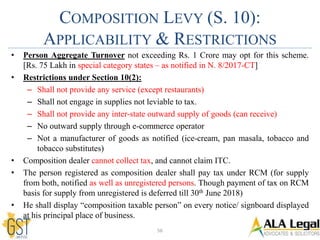 COMPOSITION LEVY (S. 10):
APPLICABILITY & RESTRICTIONS
• Person Aggregate Turnover not exceeding Rs. 1 Crore may opt for this scheme.
[Rs. 75 Lakh in special category states – as notified in N. 8/2017-CT]
• Restrictions under Section 10(2):
– Shall not provide any service (except restaurants)
– Shall not engage in supplies not leviable to tax.
– Shall not provide any inter-state outward supply of goods (can receive)
– No outward supply through e-commerce operator
– Not a manufacturer of goods as notified (ice-cream, pan masala, tobacco and
tobacco substitutes)
• Composition dealer cannot collect tax, and cannot claim ITC.
• The person registered as composition dealer shall pay tax under RCM (for supply
from both, notified as well as unregistered persons. Though payment of tax on RCM
basis for supply from unregistered is deferred till 30th June 2018)
• He shall display “composition taxable person” on every notice/ signboard displayed
at his principal place of business.
56
 