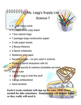 Ms. Legg’s Supply List
                            Science 7

  • 2 – 4x6 index cards
  • 1 – ream white copy paper
  • 1 box ziplock bags
  • 1 package large construction paper
  • 2 rolls paper towels
  • 2 Boxes Kleenex
  • 2 Spiral notebooks
  • Notebook and paper
  • Several pencils – no pen used in science
  • Personal pencil sharpener with lid
  • Colored pencils & markers (twistable are best)
  • Metric ruler
  • 1 zipper bag to hold this stuff
  • 1 large antibacterial
  • hand sanitizer

Each 6 weeks students will sign up for some ODD things
needed for labs sometimes. Sometimes it will be food items
so they really will need it.
 
