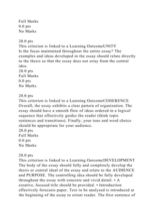 Full Marks
0.0 pts
No Marks
20.0 pts
This criterion is linked to a Learning OutcomeUNITY
Is the focus maintained throughout the entire essay? The
examples and ideas developed in the essay should relate directly
to the thesis so that the essay does not stray from the central
idea.
20.0 pts
Full Marks
0.0 pts
No Marks
20.0 pts
This criterion is linked to a Learning OutcomeCOHERENCE
Overall, the essay exhibits a clear pattern of organization. The
essay should have a smooth flow of ideas ordered in a logical
sequence that effectively guides the reader (think topic
sentences and transitions). Finally, your tone and word choice
should be appropriate for your audience.
20.0 pts
Full Marks
0.0 pts
No Marks
20.0 pts
This criterion is linked to a Learning OutcomeDEVELOPMENT
The body of the essay should fully and completely develop the
thesis or central ideal of the essay and relate to the AUDIENCE
and PURPOSE. The controlling idea should be fully developed
throughout the essay with concrete and vivid detail. • A
creative, focused title should be provided. • Introduction
effectively forecasts paper. Text to be analyzed is introduced at
the beginning of the essay to orient reader. The first sentence of
 