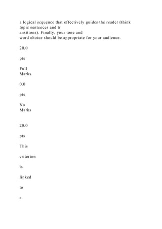 a logical sequence that effectively guides the reader (think
topic sentences and tr
ansitions). Finally, your tone and
word choice should be appropriate for your audience.
20.0
pts
Full
Marks
0.0
pts
No
Marks
20.0
pts
This
criterion
is
linked
to
a
 