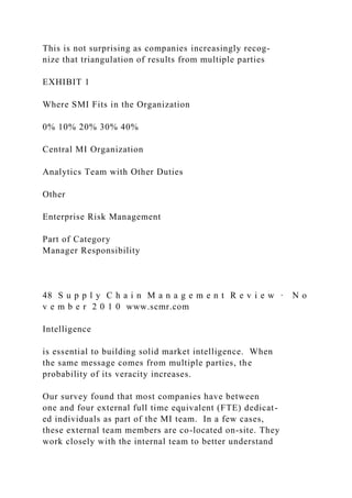 This is not surprising as companies increasingly recog-
nize that triangulation of results from multiple parties
EXHIBIT 1
Where SMI Fits in the Organization
0% 10% 20% 30% 40%
Central MI Organization
Analytics Team with Other Duties
Other
Enterprise Risk Management
Part of Category
Manager Responsibility
48 S u p p l y C h a i n M a n a g e m e n t R e v i e w · N o
v e m b e r 2 0 1 0 www.scmr.com
Intelligence
is essential to building solid market intelligence. When
the same message comes from multiple parties, the
probability of its veracity increases.
Our survey found that most companies have between
one and four external full time equivalent (FTE) dedicat-
ed individuals as part of the MI team. In a few cases,
these external team members are co-located on-site. They
work closely with the internal team to better understand
 