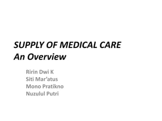 SUPPLY OF MEDICAL CARE
An Overview
  Ririn Dwi K
  Siti Mar’atus
  Mono Pratikno
  Nuzulul Putri
 