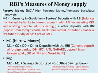 RBI’s Measures of Money supply
• M1 (Narrow Money)
M1 = CC + DD + Other Deposits with the RBI (Current deposit
of foreign ...