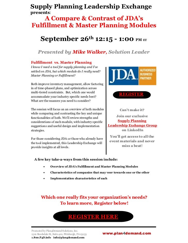 Supply Planning Leadership Exchange JDA Master Planning vs Fulfillment