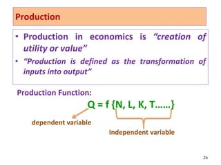 Production
• Production in economics is “creation of
utility or value”
• “Production is defined as the transformation of
inputs into output”
26
Production Function:
Q = f {N, L, K, T……}
Independent variable
dependent variable
 