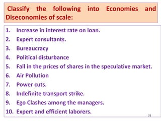 Classify the following into Economies and
Diseconomies of scale:
1. Increase in interest rate on loan.
2. Expert consultants.
3. Bureaucracy
4. Political disturbance
5. Fall in the prices of shares in the speculative market.
6. Air Pollution
7. Power cuts.
8. Indefinite transport strike.
9. Ego Clashes among the managers.
10. Expert and efficient laborers. 51
 