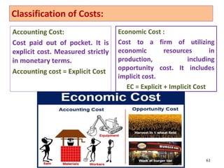 Accounting Cost:
Cost paid out of pocket. It is
explicit cost. Measured strictly
in monetary terms.
Accounting cost = Explicit Cost
61
Classification of Costs:
Economic Cost :
Cost to a firm of utilizing
economic resources in
production, including
opportunity cost. It includes
implicit cost.
EC = Explicit + Implicit Cost
 