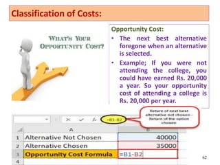 Opportunity Cost:
• The next best alternative
foregone when an alternative
is selected.
• Example; If you were not
attending the college, you
could have earned Rs. 20,000
a year. So your opportunity
cost of attending a college is
Rs. 20,000 per year.
62
Classification of Costs:
 