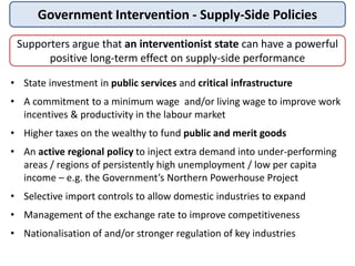 Government Intervention - Supply-Side Policies
Supporters argue that an interventionist state can have a powerful
positive long-term effect on supply-side performance
• State investment in public services and critical infrastructure
• A commitment to a minimum wage and/or living wage to improve work
incentives & productivity in the labour market
• Higher taxes on the wealthy to fund public and merit goods
• An active regional policy to inject extra demand into under-performing
areas / regions of persistently high unemployment / low per capita
income – e.g. the Government’s Northern Powerhouse Project
• Selective import controls to allow domestic industries to expand
• Management of the exchange rate to improve competitiveness
• Nationalisation of and/or stronger regulation of key industries
 