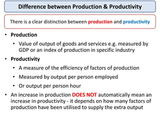 Difference between Production & Productivity
There is a clear distinction between production and productivity
• Production
• Value of output of goods and services e.g. measured by
GDP or an index of production in specific industry
• Productivity
• A measure of the efficiency of factors of production
• Measured by output per person employed
• Or output per person hour
• An increase in production DOES NOT automatically mean an
increase in productivity - it depends on how many factors of
production have been utilised to supply the extra output
 