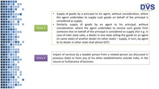 • Supply of goods by a principal to his agent, without consideration, where
the agent undertakes to supply such goods on behalf of the principal is
considered as supply.
• Similarly, supply of goods by an agent to his principal, without
consideration, where the agent undertakes to receive such goods from
someone else on behalf of the principal is considered as supply (For e.g. in
case of inter state sales, a dealer in one state selling the goods to an agent
(in same state) of another dealer (in other state) – supply, in turn, by agent
to its dealer in other state shall attract GST)
Entry 3
Import of services by a taxable person from a related person (as discussed in
previous slide) or from any of his other establishments outside India, in the
course or furtherance of business
Entry 4
 