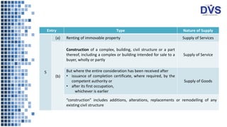 Entry Type Nature of Supply
5
(a) Renting of immovable property Supply of Services
(b)
Construction of a complex, building, civil structure or a part
thereof, including a complex or building intended for sale to a
buyer, wholly or partly
Supply of Service
But where the entire consideration has been received after
• issuance of completion certificate, where required, by the
competent authority or
• after its first occupation,
whichever is earlier
Supply of Goods
“construction” includes additions, alterations, replacements or remodelling of any
existing civil structure
 