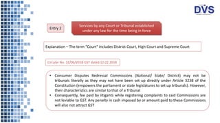 Services by any Court or Tribunal established
under any law for the time being in force
Entry 2
Explanation – The term "Court" includes District Court, High Court and Supreme Court
• Consumer Disputes Redressal Commissions (National/ State/ District) may not be
tribunals literally as they may not have been set up directly under Article 323B of the
Constitution (empowers the parliament or state legislatures to set up tribunals). However,
their characteristics are similar to that of a Tribunal
• Consequently, fee paid by litigants while registering complaints to said Commissions are
not leviable to GST. Any penalty in cash imposed by or amount paid to these Commissions
will also not attract GST
Circular No. 32/06/2018 GST dated 12.02.2018
 