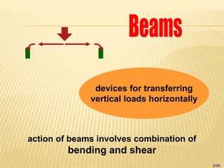 devices for transferring
vertical loads horizontally
action of beams involves combination of
bending and shear
2/39
 