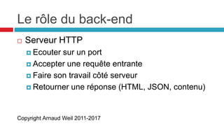 Copyright Arnaud Weil 2011-2017
Le rôle du back-end
 Serveur HTTP
 Ecouter sur un port
 Accepter une requête entrante
 Faire son travail côté serveur
 Retourner une réponse (HTML, JSON, contenu)
 