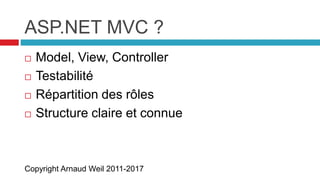 Copyright Arnaud Weil 2011-2017
ASP.NET MVC ?
 Model, View, Controller
 Testabilité
 Répartition des rôles
 Structure claire et connue
 