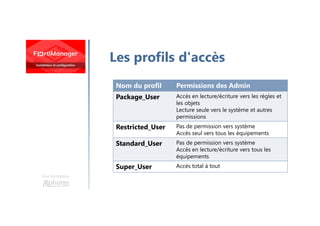Une formation
Les profils d'accès
Nom du profil Permissions des Admin
Package_User Accès en lecture/écriture vers les règles et
les objets
Lecture seule vers le système et autres
permissions
Restricted_User Pas de permission vers système
Accès seul vers tous les équipements
Standard_User Pas de permission vers système
Accès en lecture/écriture vers tous les
équipements
Super_User Accès total à tout
 