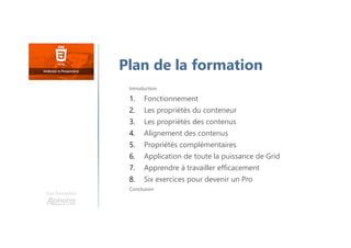 Une formation
Introduction
1. Fonctionnement
2. Les propriétés du conteneur
3. Les propriétés des contenus
4. Alignement des contenus
5. Propriétés complémentaires
6. Application de toute la puissance de Grid
7. Apprendre à travailler efficacement
8. Six exercices pour devenir un Pro
Conclusion
Plan de la formation
 