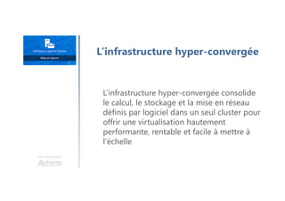 Une formation
L’infrastructure hyper-convergée consolide
le calcul, le stockage et la mise en réseau
définis par logiciel dans un seul cluster pour
offrir une virtualisation hautement
performante, rentable et facile à mettre à
l’échelle
L’infrastructure hyper-convergée
 