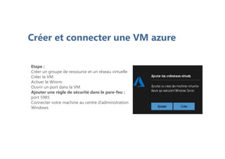 Créer et connecter une VM azure
Etape :
Créer un groupe de ressource et un réseau virtuelle
Créer la VM
Activer le Winrm
Ouvrir un port dans la VM
Ajouter une règle de sécurité dans le pare-feu :
port 5985
Connecter votre machine au centre d’administration
Windows
 