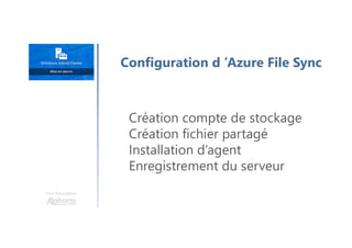 Une formation
Configuration d ’Azure File Sync
Création compte de stockage
Création fichier partagé
Installation d’agent
Enregistrement du serveur
 