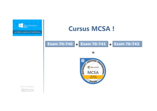 Une formation
Cursus MCSA !
Exam 70-740 Exam 70-741 Exam 70-742
+
+
=
 