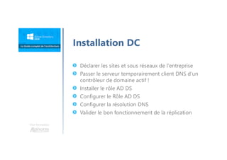 Une formation
Déclarer les sites et sous réseaux de l'entreprise
Passer le serveur temporairement client DNS d’un
contrôleur de domaine actif !
Installer le rôle AD DS
Configurer le Rôle AD DS
Configurer la résolution DNS
Valider le bon fonctionnement de la réplication
Installation DC
 