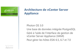 Une formation
Photon OS 3.0
Une base de données intégrée PostgreSQL
Géré à l'aide de l'interface de gestion de
vCenter Server Appliance (VAMI)
Peut gérer les hôtes ESXi 6.5, 6.7 et 7.0
Architecture de vCenter Server
Appliance
 