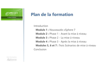 Une formation
Plan de la formation
Introduction
Module 1 : Nouveautés vSphere 7
Module 2 : Phase 1 - Avant la mise à niveau
Module 3 : Phase 2 - La mise à niveau
Module 4 : Phase 3 - Après la mise à niveau
Modules 5, 6 et 7 : Trois Scénarios de mise à niveau
Conclusion
 