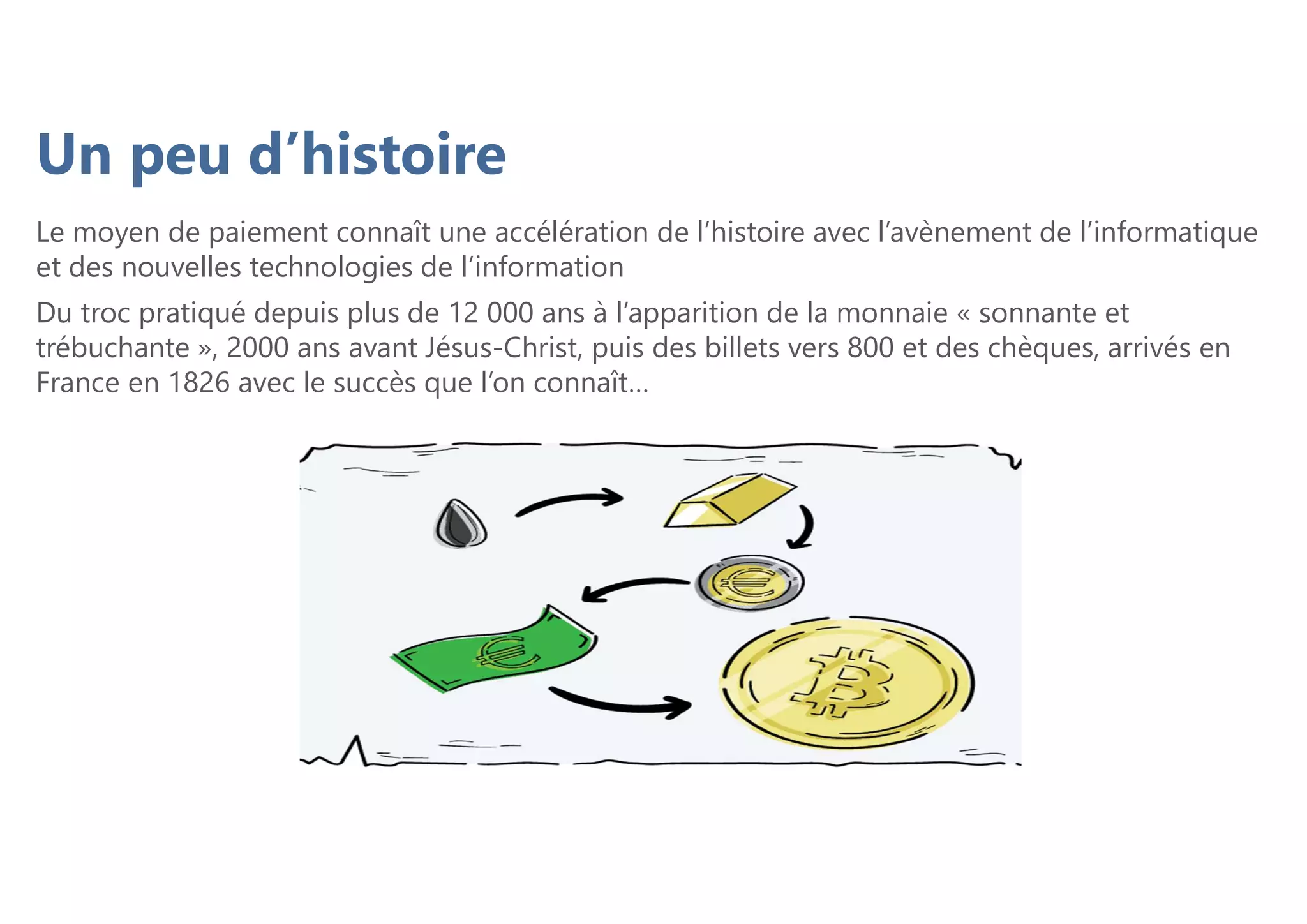 Le moyen de paiement connaît une accélération de l’histoire avec l’avènement de l’informatique
et des nouvelles technologies de l’information
Du troc pratiqué depuis plus de 12 000 ans à l’apparition de la monnaie « sonnante et
trébuchante », 2000 ans avant Jésus-Christ, puis des billets vers 800 et des chèques, arrivés en
France en 1826 avec le succès que l’on connaît…
Un peu d’histoire
 