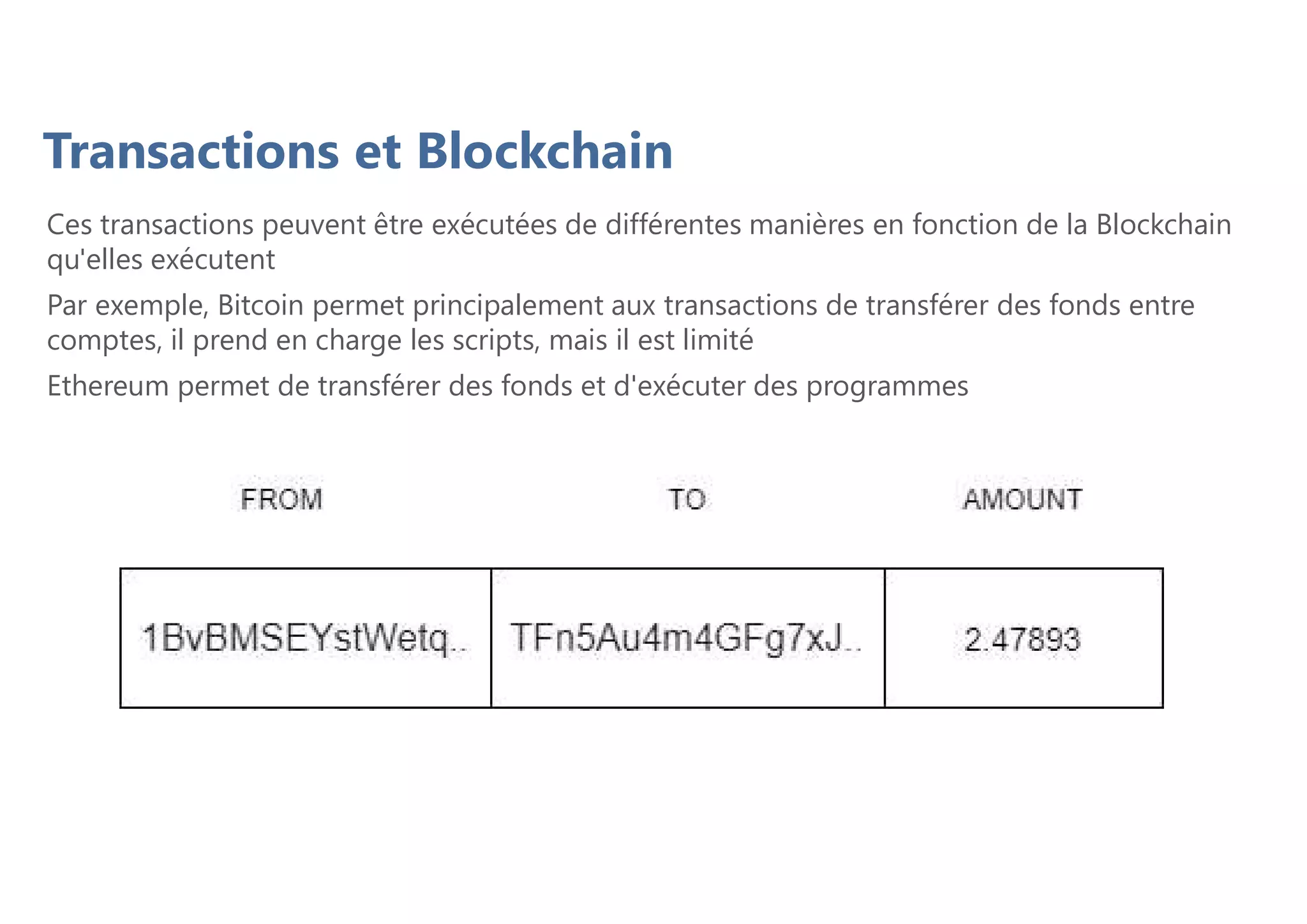 Ces transactions peuvent être exécutées de différentes manières en fonction de la Blockchain
qu'elles exécutent
Par exemple, Bitcoin permet principalement aux transactions de transférer des fonds entre
comptes, il prend en charge les scripts, mais il est limité
Ethereum permet de transférer des fonds et d'exécuter des programmes
Transactions et Blockchain
 