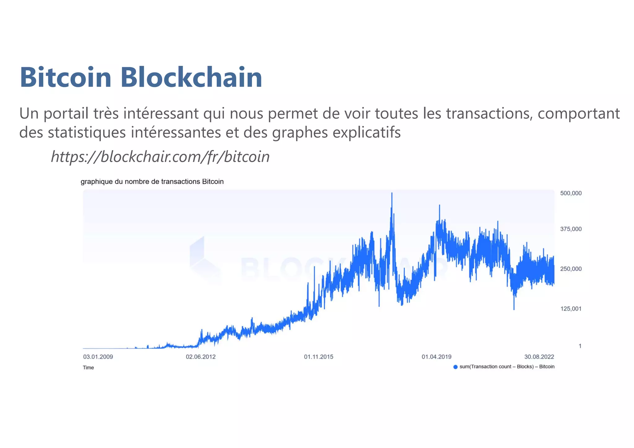 Bitcoin Blockchain
Un portail très intéressant qui nous permet de voir toutes les transactions, comportant
des statistiques intéressantes et des graphes explicatifs
https://blockchair.com/fr/bitcoin
 