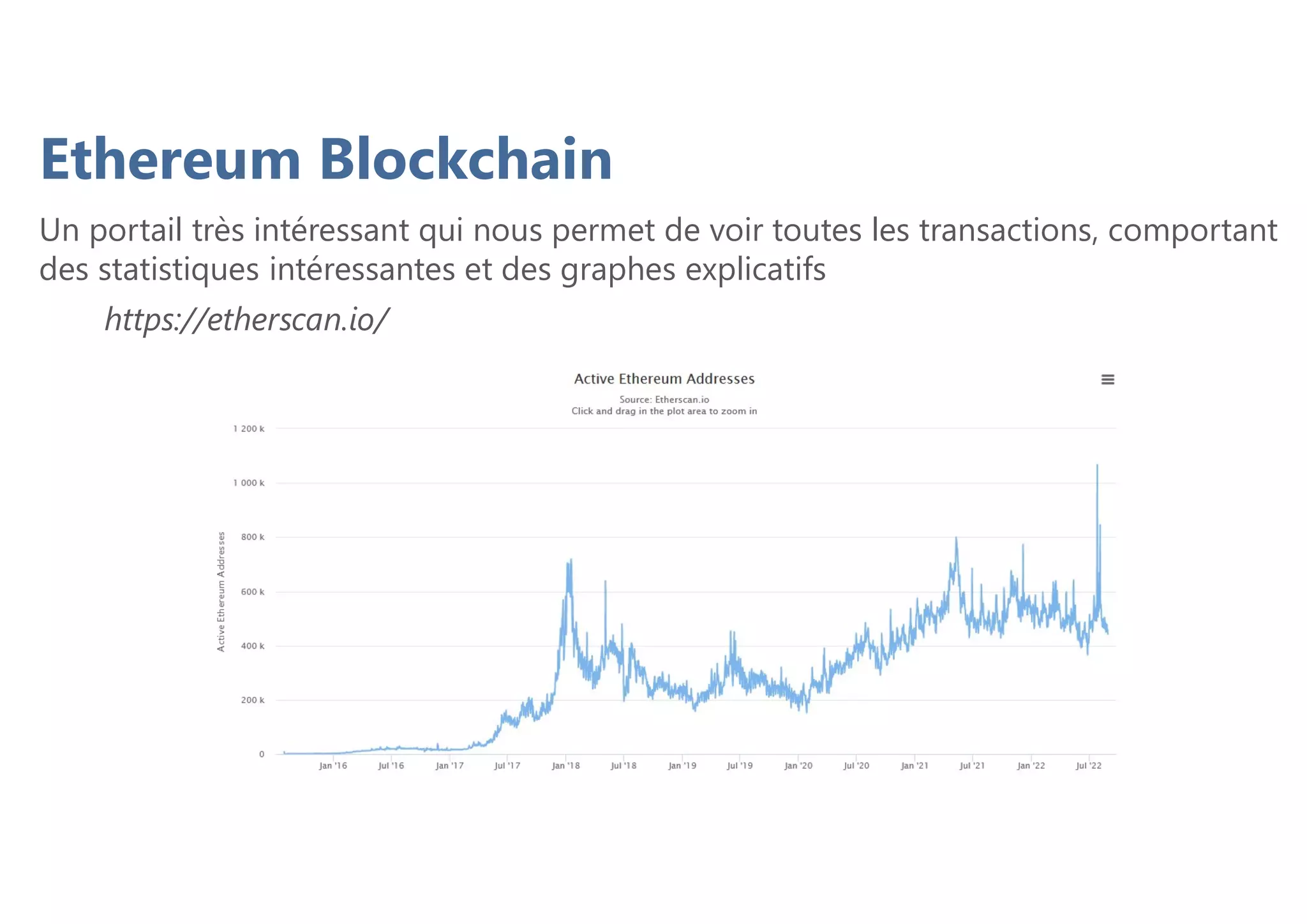 Ethereum Blockchain
Un portail très intéressant qui nous permet de voir toutes les transactions, comportant
des statistiques intéressantes et des graphes explicatifs
https://etherscan.io/
 