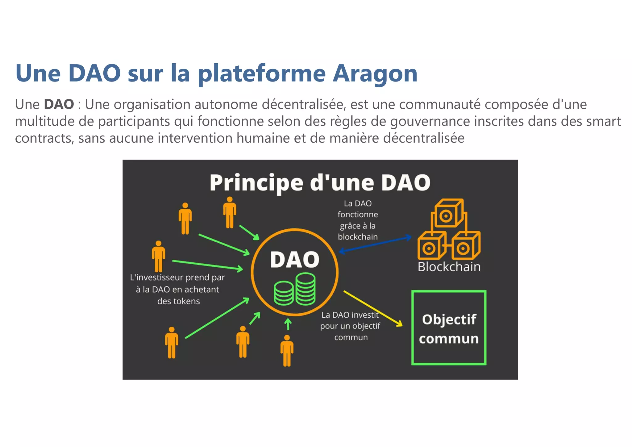Une DAO : Une organisation autonome décentralisée, est une communauté composée d'une
multitude de participants qui fonctionne selon des règles de gouvernance inscrites dans des smart
contracts, sans aucune intervention humaine et de manière décentralisée
Une DAO sur la plateforme Aragon
 