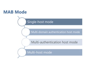 MAB Mode
Single-host mode
Multi-domain authentication host mode
Multi-authentication host mode
Multi-host mode
 