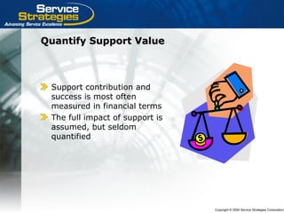 Copyright © 2004 Service Strategies Corporation
Quantify Support ValueQuantify Support Value
Support contribution and
success is most often
measured in financial terms
The full impact of support is
assumed, but seldom
quantified
 