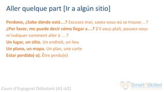 Cours d'Espagnol Débutant (A1-A2)
Aller quelque part [Ir a algún sitio]
Perdone, ¿Sabe dónde está…? Excusez-moi, savez-vous où se trouve…?
¿Por favor, me puede decir cómo llegar a…? S’il vous plaît, pouvez-vous
m’indiquer comment aller à …?
Un lugar, un sitio. Un endroit, un lieu
Un plano, un mapa. Un plan, une carte
Estar perdido(-a). Être perdu(e)
 