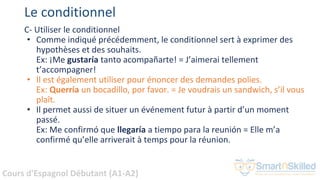 Cours d'Espagnol Débutant (A1-A2)
Le conditionnel
C- Utiliser le conditionnel
• Comme indiqué précédemment, le conditionnel sert à exprimer des
hypothèses et des souhaits.
Ex: ¡Me gustaría tanto acompañarte! = J’aimerai tellement
t’accompagner!
• Il est également utiliser pour énoncer des demandes polies.
Ex: Querría un bocadillo, por favor. = Je voudrais un sandwich, s’il vous
plaît.
• Il permet aussi de situer un événement futur à partir d’un moment
passé.
Ex: Me confirmó que llegaría a tiempo para la reunión = Elle m’a
confirmé qu’elle arriverait à temps pour la réunion.
 