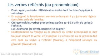 Cours d'Espagnol Débutant (A1-A2)
• Pour rappel, un verbe réfléchi est un verbe dont l’action s’applique à
soi-même.
• En espagnol, ils fonctionnent comme en français. Il y a juste une règle à
connaître, celle de l’enclise.
• On reconnaît les verbes pronominaux grâce au -SE à la fin du verbe à
l'infinitif.
Ex: Levantarse (se lever), Bañarse (se baigner)
• Contrairement au français où le pronom du verbe pronominal se met
toujours devant le verbe, en espagnol, il y a trois cas où ce pronom doit
être collé au verbe: à l’infinitif (lavarse), à l’impératif (lavate), au
gérondif (lavandose).
Les verbes réfléchis (ou pronominaux)
 