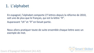 Cours d'Espagnol Débutant (A1-A2)
1. L’alphabet
En espagnol, l’alphabet comporte 27 lettres depuis la réforme de 2010,
soit une de plus que le français, qui est la lettre “ñ”.
Auparavant “ch” et “ll” en faisait partie.
Nous allons pratiquer toute de suite ensemble chaque lettre avec un
exemple de mot.
 