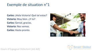 Cours d'Espagnol Débutant (A1-A2)
Exemple de situation n°1
Carlos: ¡Hola Victoria! Qué tal estas?
Victoria: Muy bien. ¿Y tú?
Carlos: Genial, gracias.
Victoria: Nos vemos.
Carlos: Hasta pronto.
 