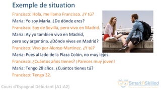 Cours d'Espagnol Débutant (A1-A2)
Exemple de situation
Francisco: Hola, me llamo Francisco. ¿Y tú?
María: Yo soy María. ¿De dónde eres?
Francisco: Soy de Sevilla, pero vivo en Madrid.
María: Ay yo tambien vivo en Madrid,
pero soy argentina. ¿Dónde vives en Madrid?
Francisco: Vivo por Alonso Martinez. ¿Y tú?
María: Pues al lado de la Plaza Colón, no muy lejos.
Francisco: ¿Cuántos años tienes? ¡Pareces muy joven!
María: Tengo 28 años. ¿Cuántos tienes tú?
Francisco: Tengo 32.
 