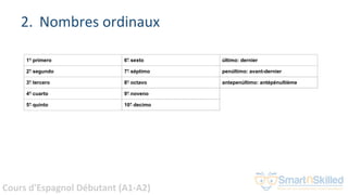 Cours d'Espagnol Débutant (A1-A2)
2. Nombres ordinaux
1° primero 6° sexto último: dernier
2° segundo 7° séptimo penúltimo: avant-dernier
3° tercero 8° octavo antepenúltimo: antépénultième
4° cuarto 9° noveno
5° quinto 10° decimo
 