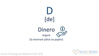 Cours d'Espagnol Débutant (A1-A2)
D
Dinero
Argent
[la monnaie pièce ou papier]
[de]
 