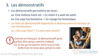 Cours d'Espagnol Débutant (A1-A2)
3. Les démonstratifs
• Les démonstratifs permettent de situer.
ex: Esta mañana hacía sol. = Ce matin il y avait du soleil.
ex: Ese viaje fue fantástico. = Ce voyage fut fantastique.
• Le choix du démonstratif dépend de la distance entre le locuteur et
son interlocuteur.
ex: ¿Ves esta foto? = Tu vois cette photo?
Comme en français, le démonstratif peut
parfois être perçu comme malpoli.
ex: A esa ya no quiero verla nunca más.
Celle-là je ne veux plus jamais la voir.
 
