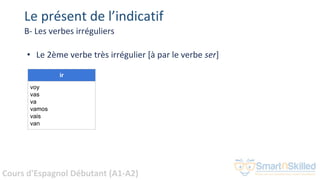 Cours d'Espagnol Débutant (A1-A2)
Le présent de l’indicatif
B- Les verbes irréguliers
• Le 2ème verbe très irrégulier [à par le verbe ser]
ir
voy
vas
va
vamos
vais
van
 